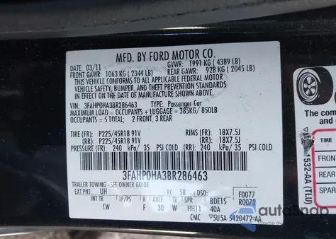 2011 Ford Fusion Se z USA, uszkodzony, nr VIN 3FAHP0HA3BR286463